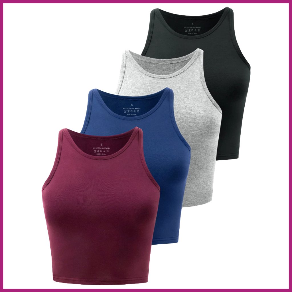 Cotton & Spandex Workout Crop Tops High Neck Racerback Tank Top 4 Pack